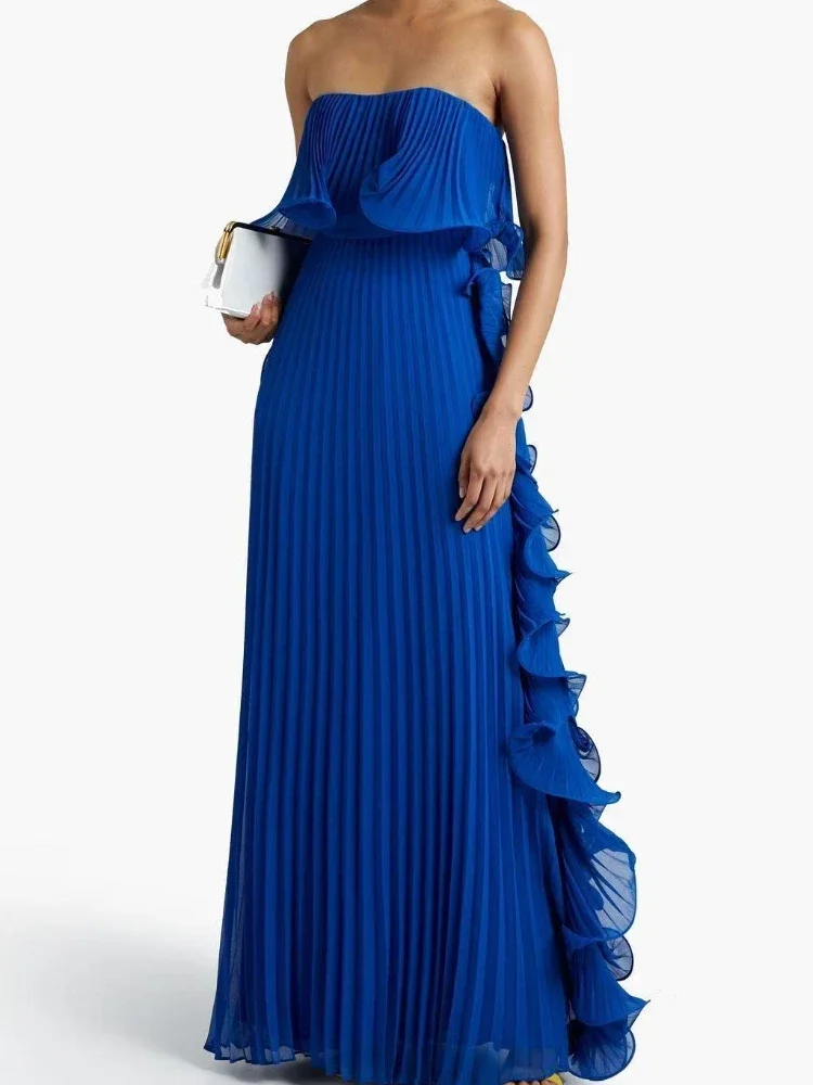 Summer Trendy Women Holiday Dress Orange Pleated Chiffon Long Formal Dresses Custom Made Ruffled Strapless Beach Party Dress - view 5