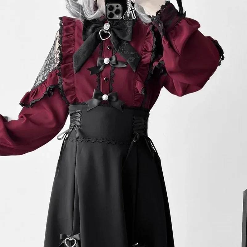 Jirai Kei JK Skirt Uniform Cosplay Maid Burgundy Lace Blouse Dress Sweetheart Encounters Lolita for Girls Women Theme Party