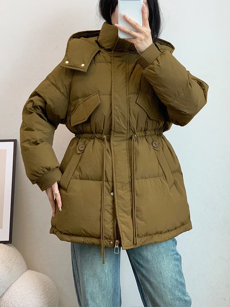 Kapuze Winter jacke Frauen Parkas neue koreanische Langarm Reiß verschluss taschen Kordel zug Mantel verdicken warme Oberbekleidung feste Mäntel