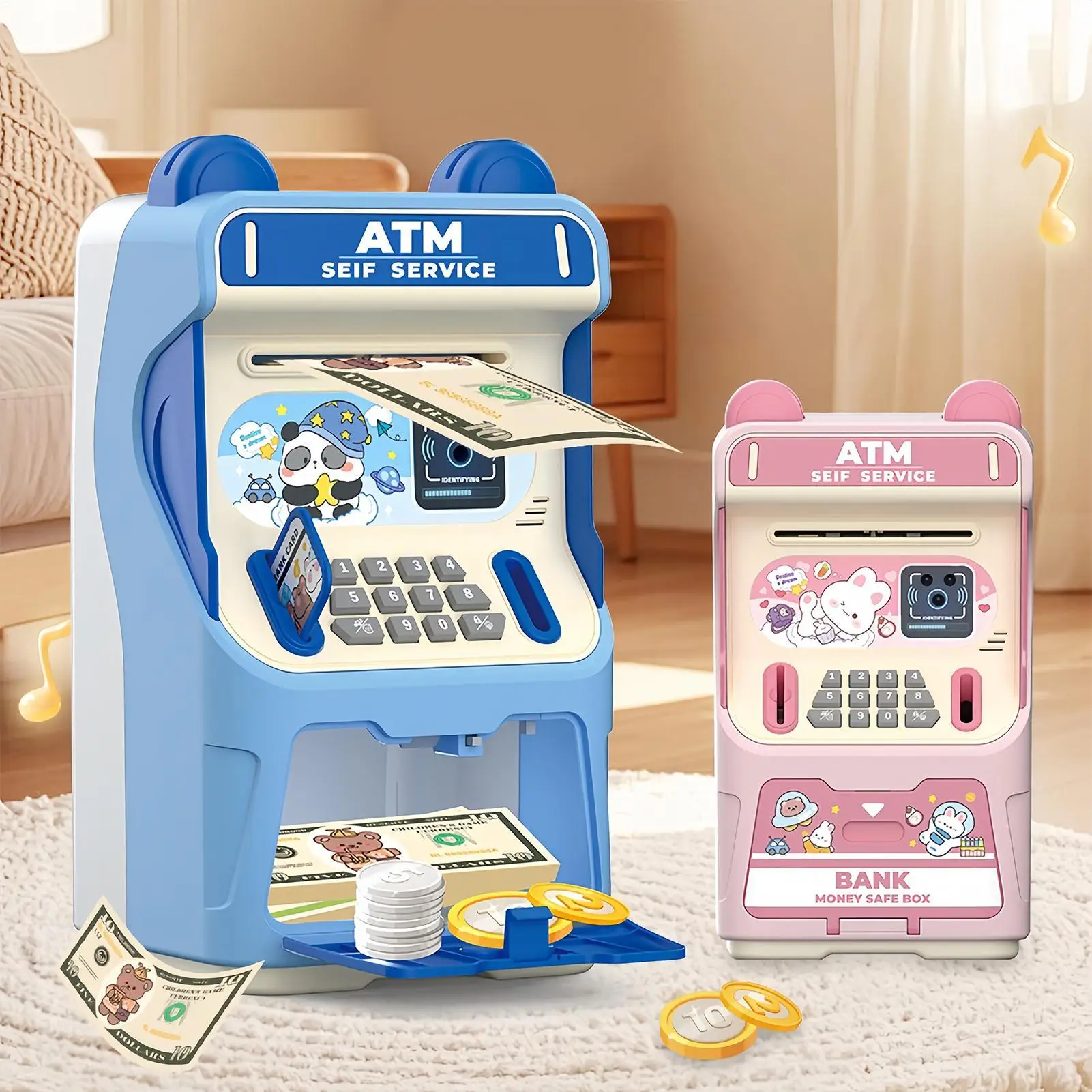 Banque d'épargne ATM, jouets éducatifs avec musique, fente pour carte simulée, banque ATM automatique à rouler l'argent pour garçons et filles, maison préscolaire