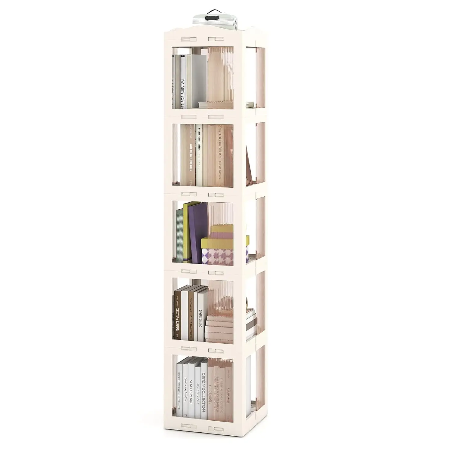 Foldable Rotating Bookshelf 5-Tier Spinning Tower w/Swivel Base 360° Revolving Tall Corner Display Shelf Storage Organizer Livin