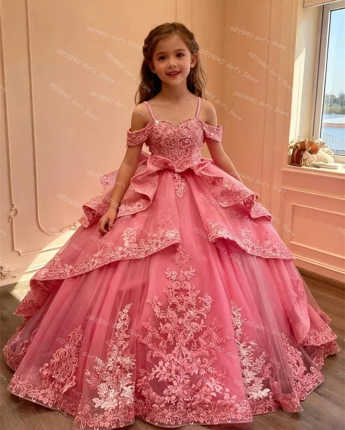 Customized Pink Flower Girl Dress For Wedding Bowknot Appliques Short  Sleeve Floor Length Kids Birthday First Communion Gown