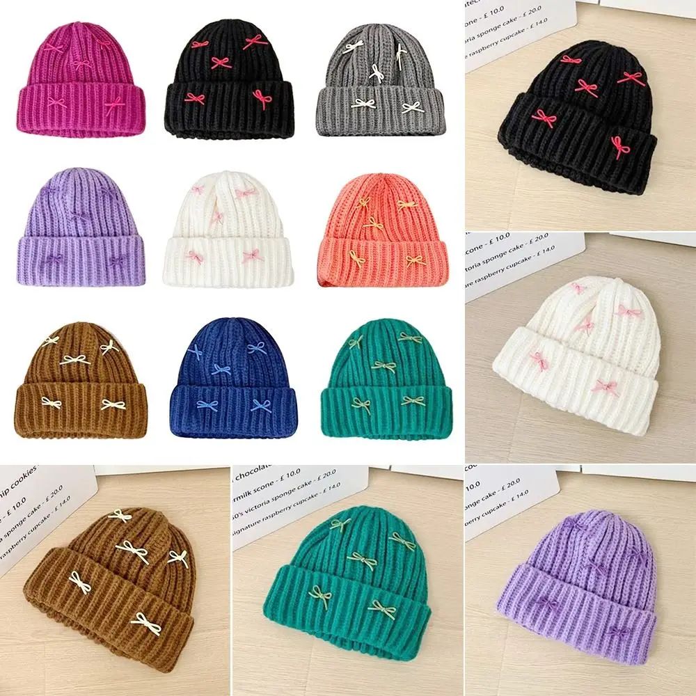 Thick Bow Knit Beanies Warmth Ear Protection Anti-Cold Woolen Pullover Caps Revealing Face Small Breathable Woolen Hat Autumn