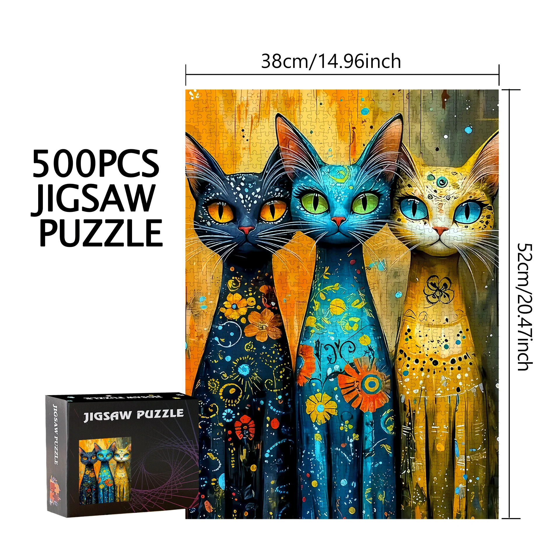 500 قطعة أو 1000 قطعة من أحجية الصور المقطوعة الكبيرة جدًا - صعوبة 5A مع ألوان نابضة بالحياة وتصميم قطة معقدة، وسائط داخلية