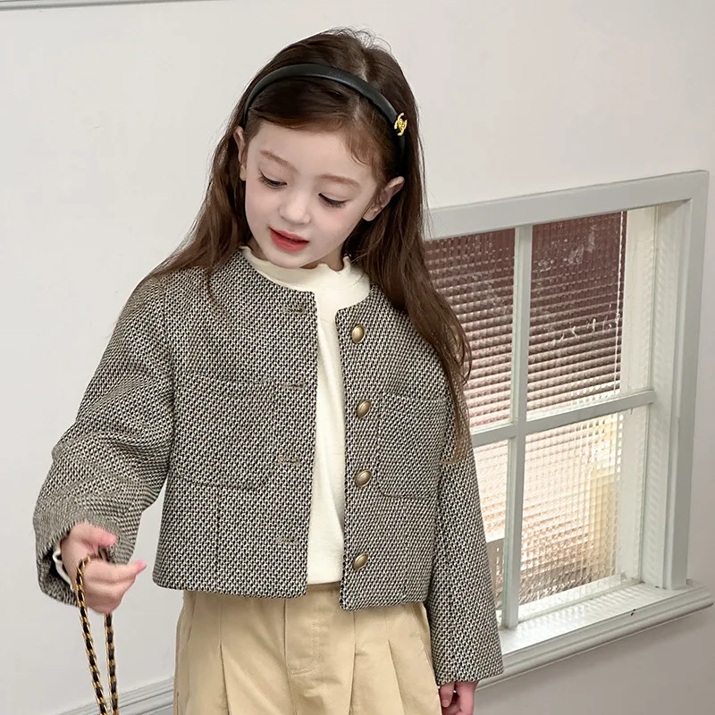 Girls Coat 202 New Autumn Childrens Wear Korean Baby Girl Disposition Single Breasted Chanels Style Coat Casual Simple Daily