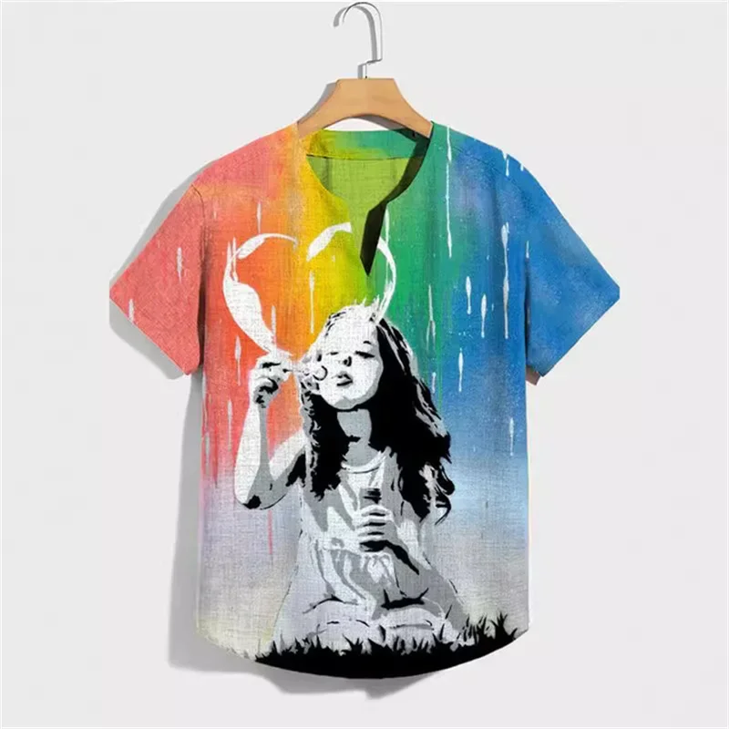 قميص رجالي من الكتان مطبوع من هاواي بأكمام قصيرة ، قميص برقبة حرف V ، قميص بأزرار لأسفل ، موضة غير رسمية ، عطلة الشاطئ