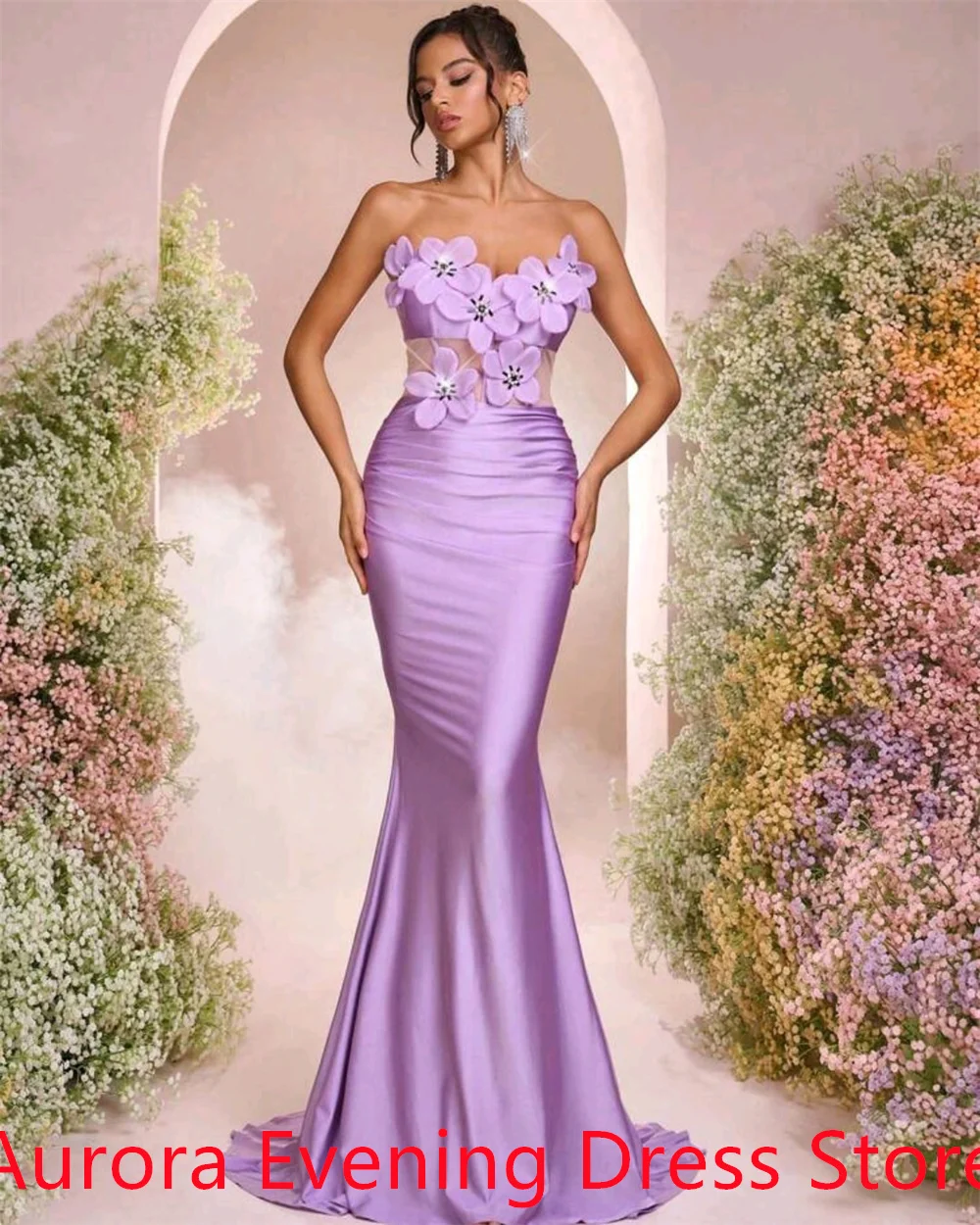 Индивидуальное темпераментное фиолетовое атласное платье для встречи выпускников, нежное платье без бретелек с цветами и кристаллами русалки на молнии сзади, Vestido De Festa