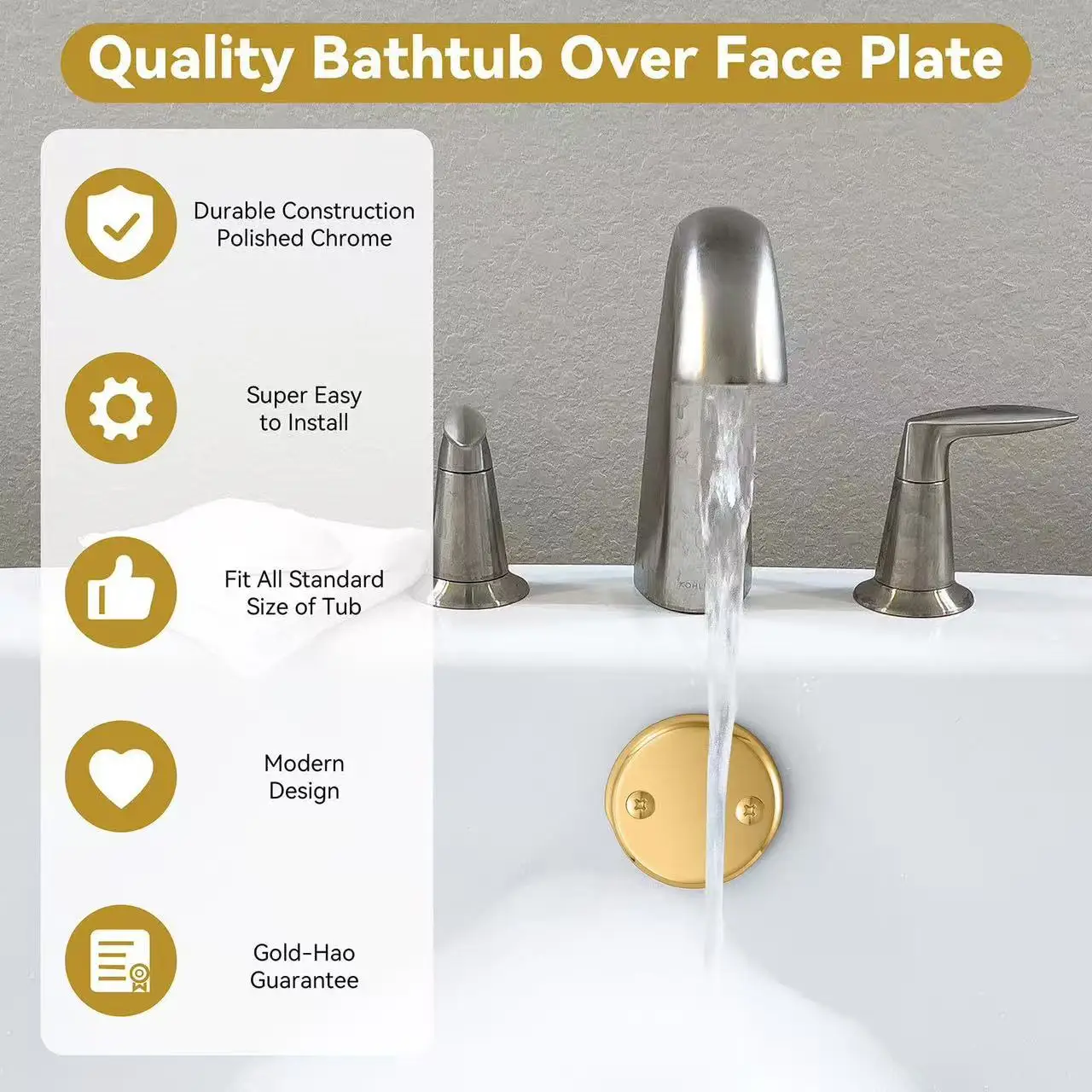 1 set Double Hole Overflow Panel for Bathtub, Sturdy Metal Material, Leakproof Seal, Fits Most Standard Models
