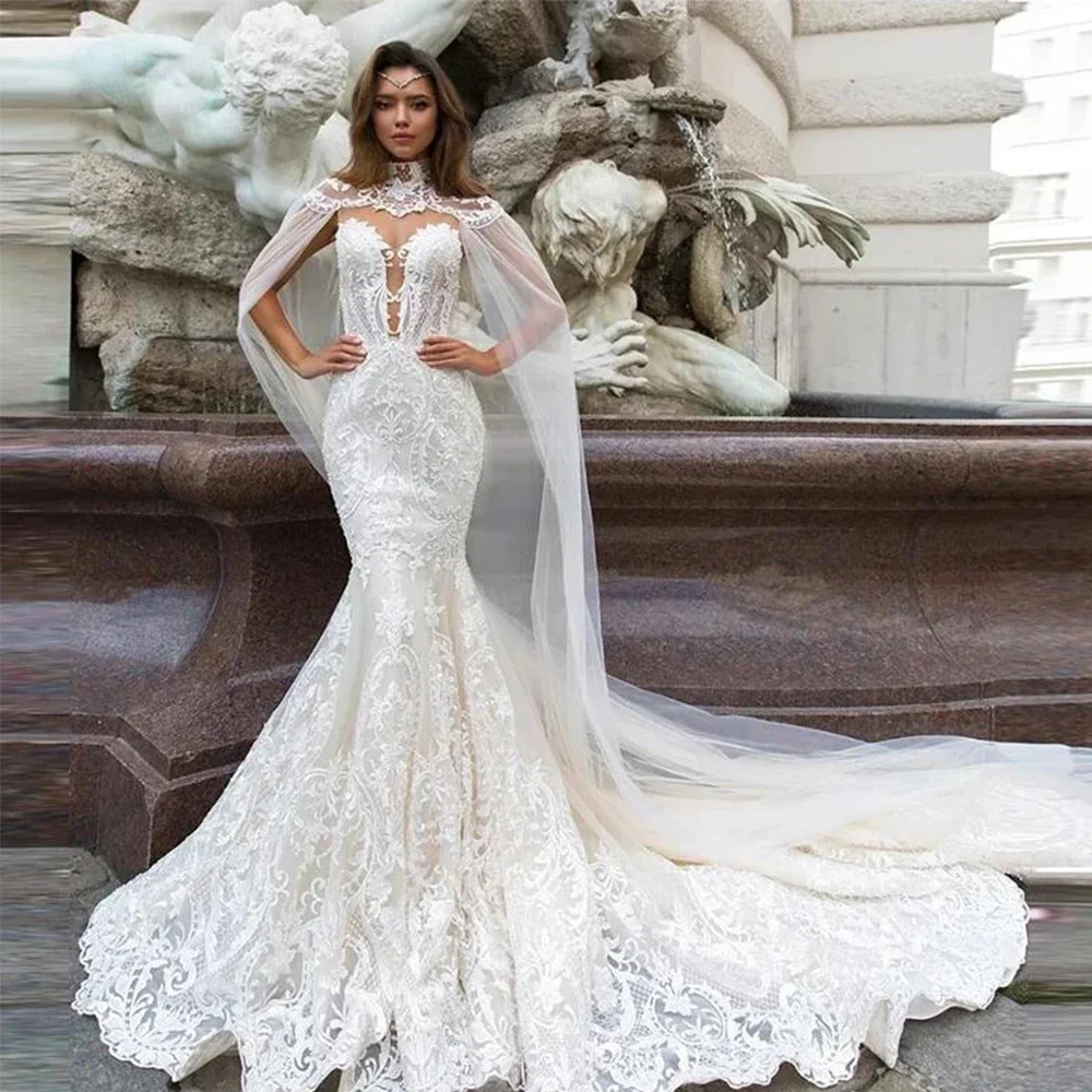 

Fashion Wedding Dresses for Women High Collar Lace Applique Bridal Gowns with Cape Sleeves Elegant Court Train Marriage Dresses