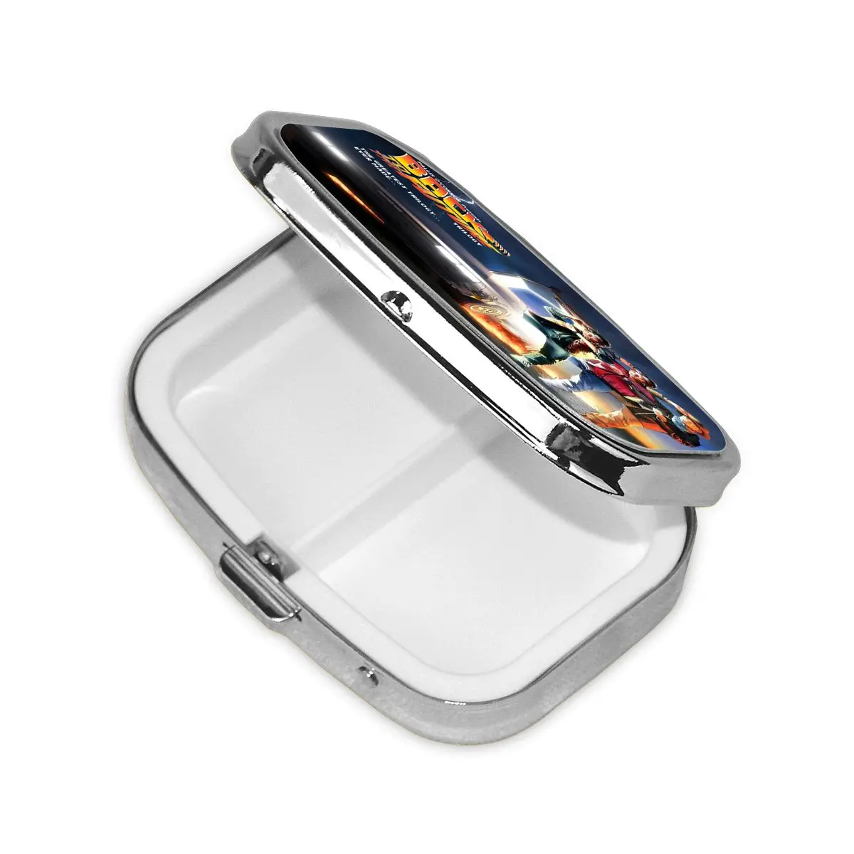 العودة إلى المستقبل صندوق حبوب معدنية مدمج لفيلم كوميدي الخيال العلمي مكون من قطعتين حاوية منظم حبوب مربع للسفر