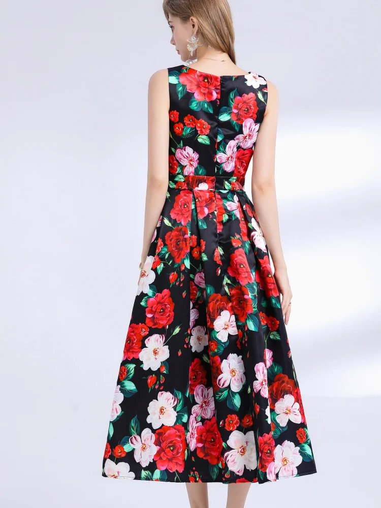 SMTHMA ผู้หญิงดอกไม้พิมพ์ฤดูร้อนชุด O-คอแขนกุดเอวสูง Big Swing ชุดปาร์ตี้ฤดูร้อน Boho วันหยุด Beach Sundress