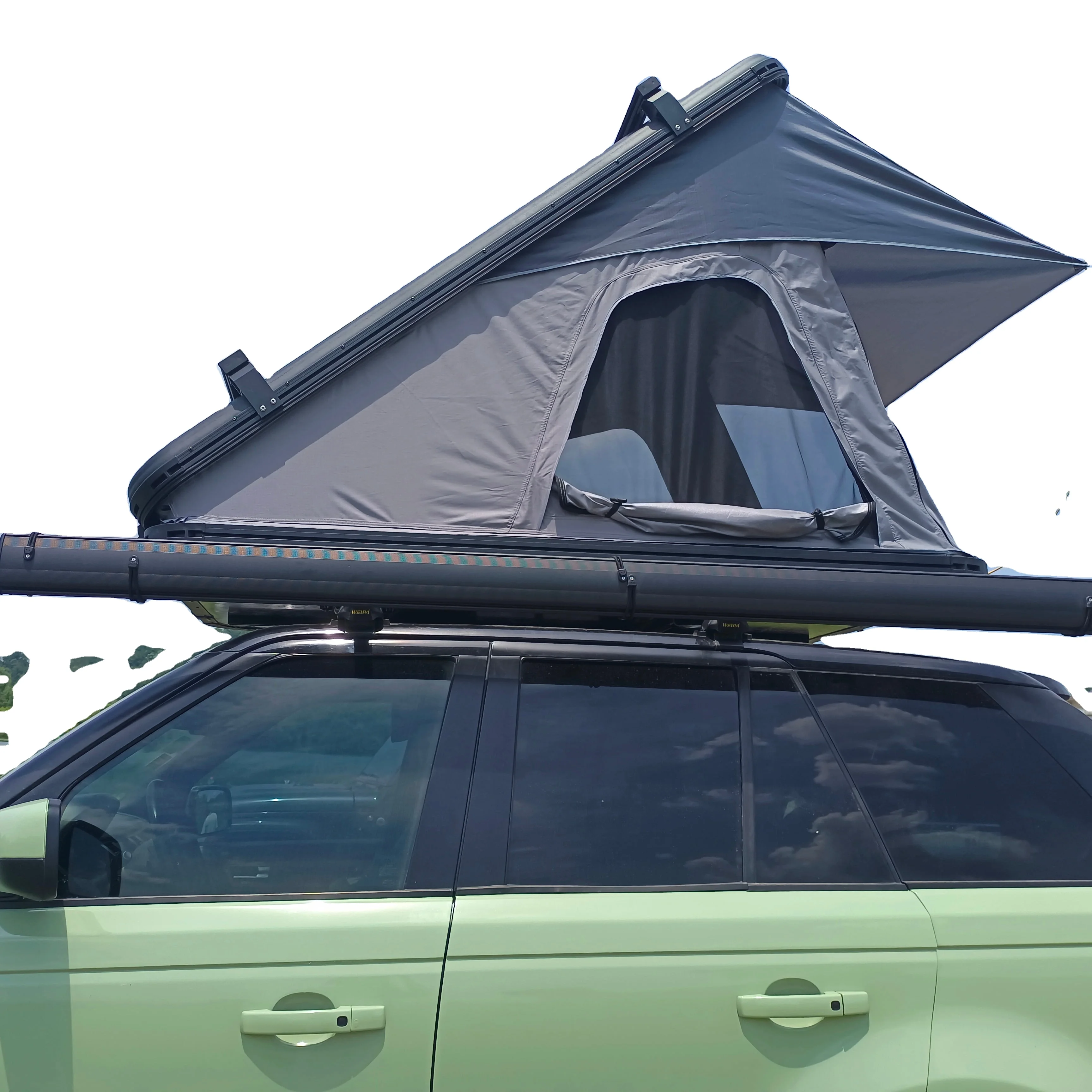 

Hot Selling Triangle Outdoor Camping Roof Top Tent Slim Aluminum Hard Shell Dachzelt Hardtop Rooftop Tent With Canvas Fabric