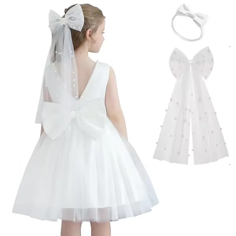 

Элегантное платье принцессы с жемчугом для девочек, детское платье-пачка с открытой спиной и бантом для первого дня рождения, крещения, свадебное праздничное платье для девочек