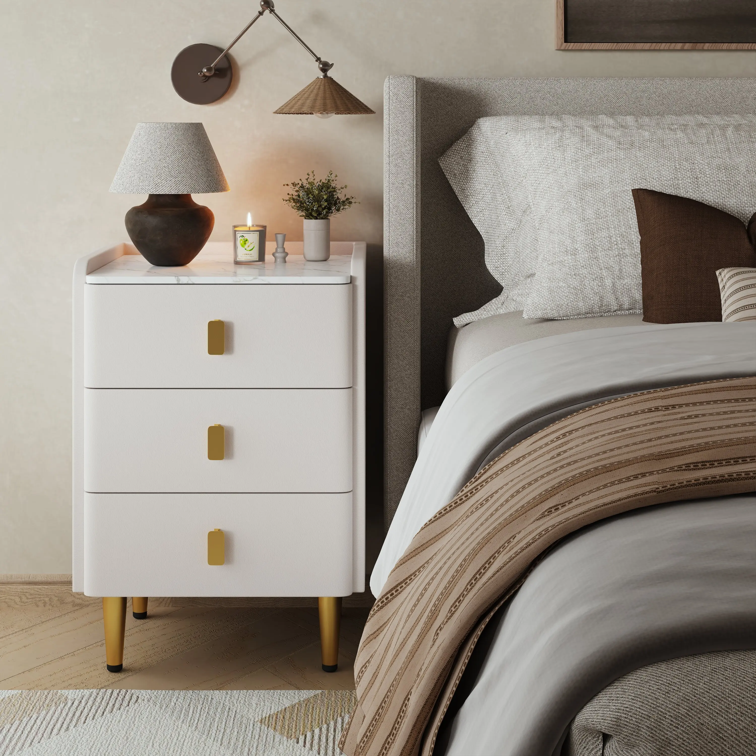 #US Stock Narrow Nightstand With Drawers Leather Side Table Small Bedside Table For Bedroom (Beige) Home Furniture CTG050