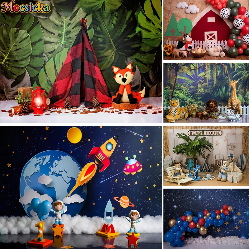 

Mocsicka Photography Background Wild Animals Cartoon Style Balloon Decor Kids Birthday Party Cake Smash Backdrop Photo Studio