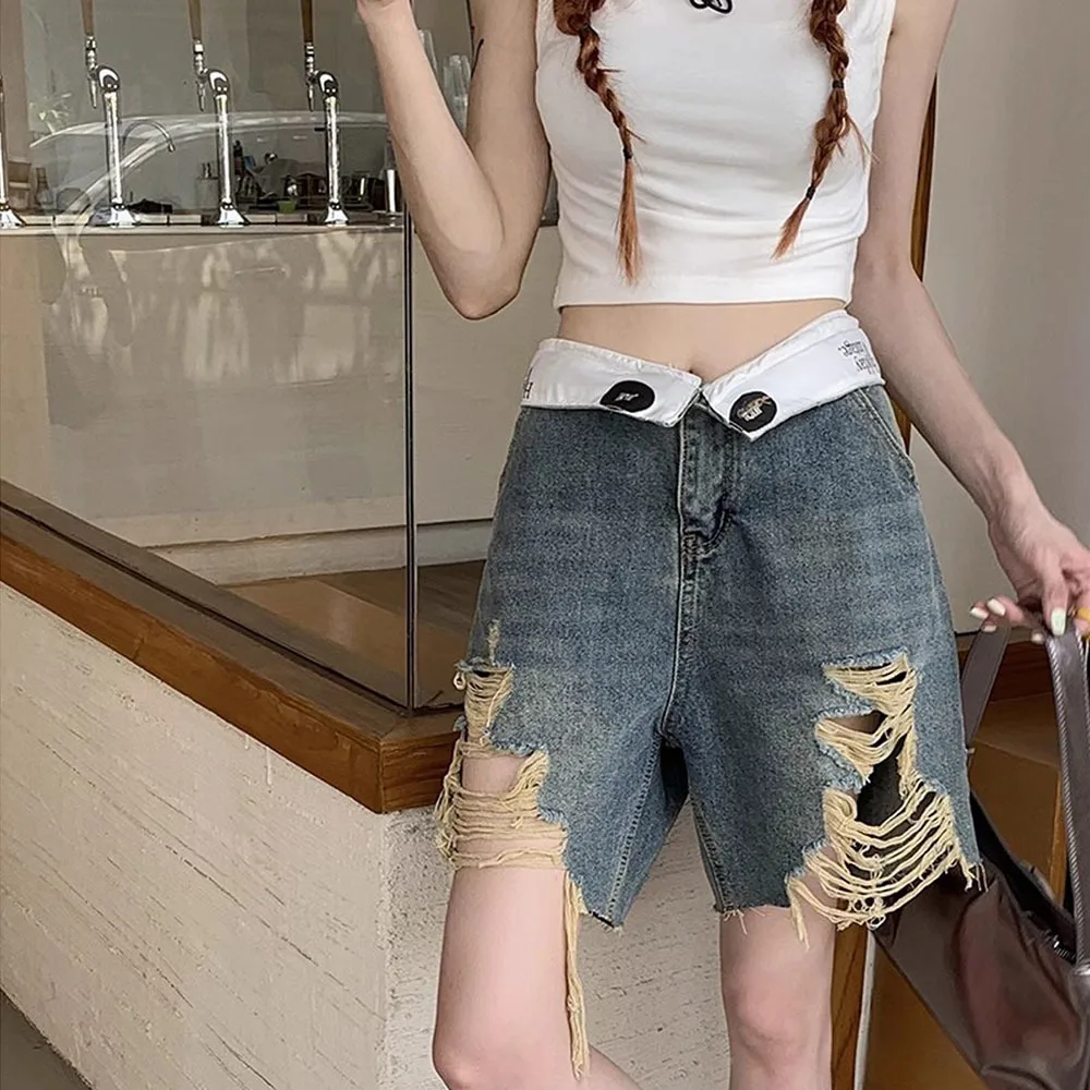 

Fashion Hole Knee-Length Jeans For Women Y2k E-Girl High Waist Straight Denim Shorts Spring Summer Loose Wide Leg Shorts Ladies