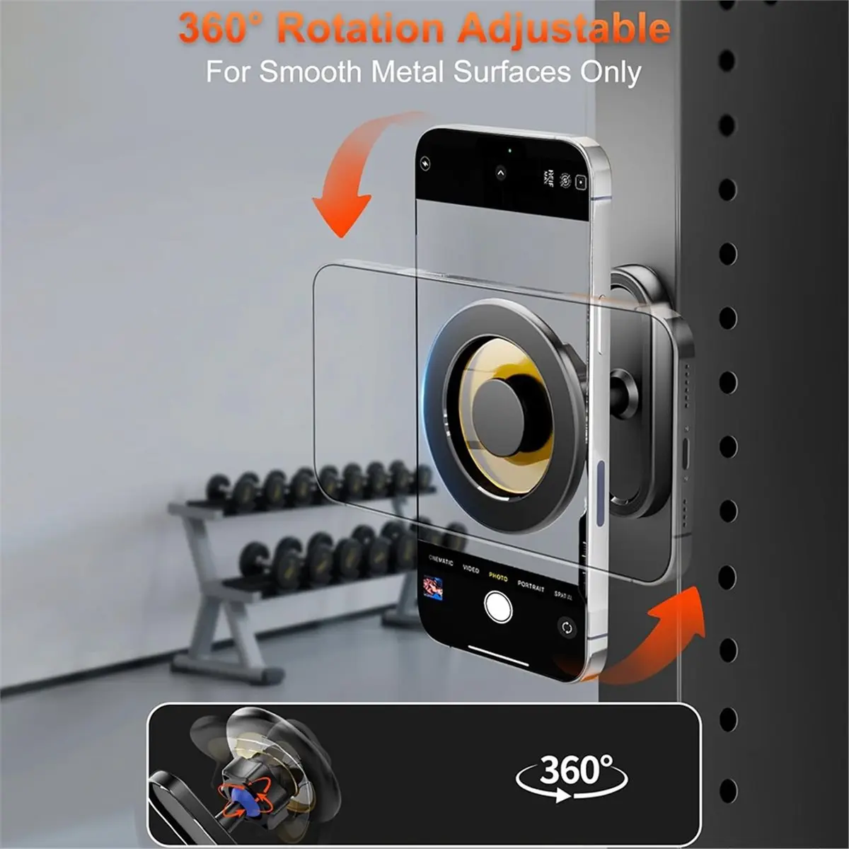 Gym Magnetic Phone Holder, Attaches to Metal Surfaces, 360° Rotating Double Magnet Mount for Fitness Workout Recording