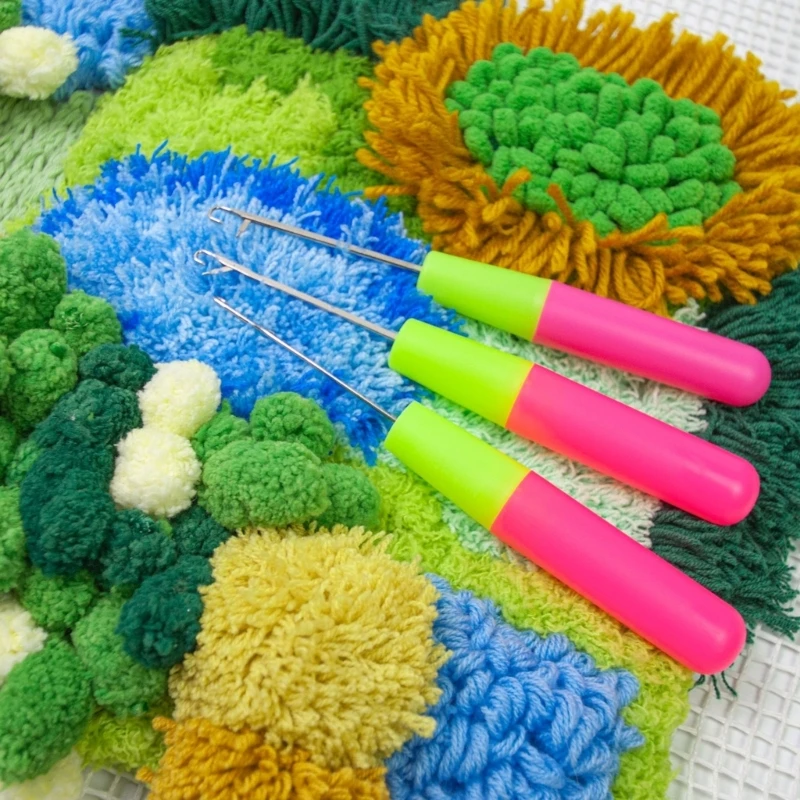 

3Pcs Latching Hook Crochet Needle with Net Canvas for Rug Carpet Making