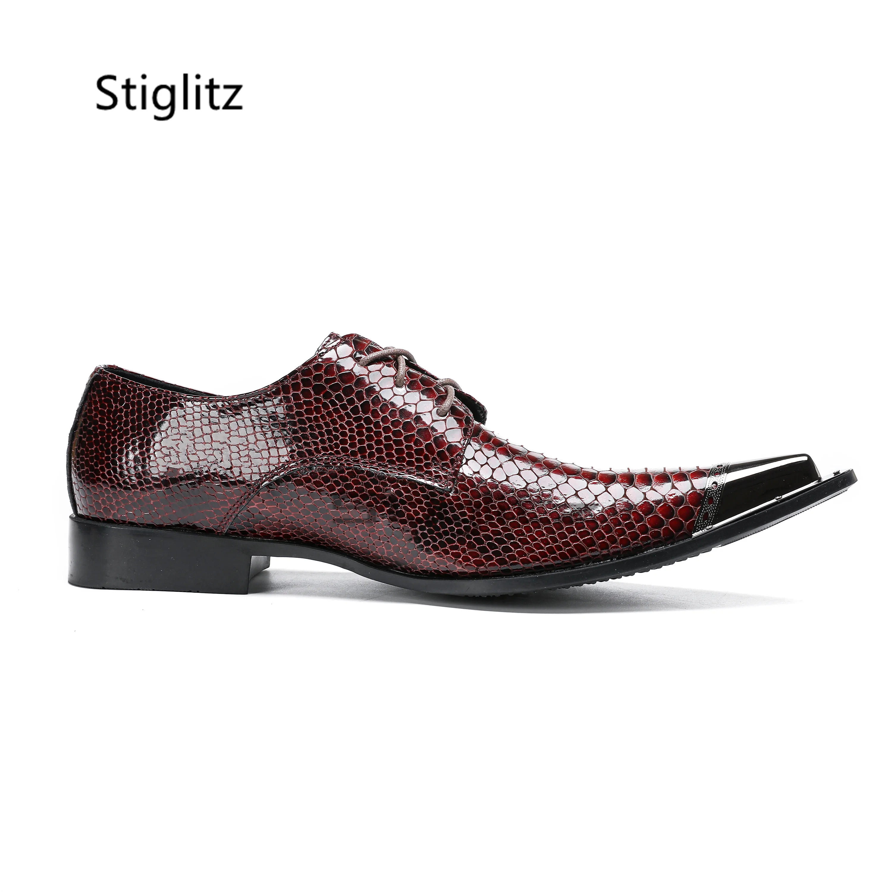 

Burgundy Business Dress Shoes for Men Alligator Leather British Style Lace Up Casual Wedding Shoes Metal Pointed Toe Shoes