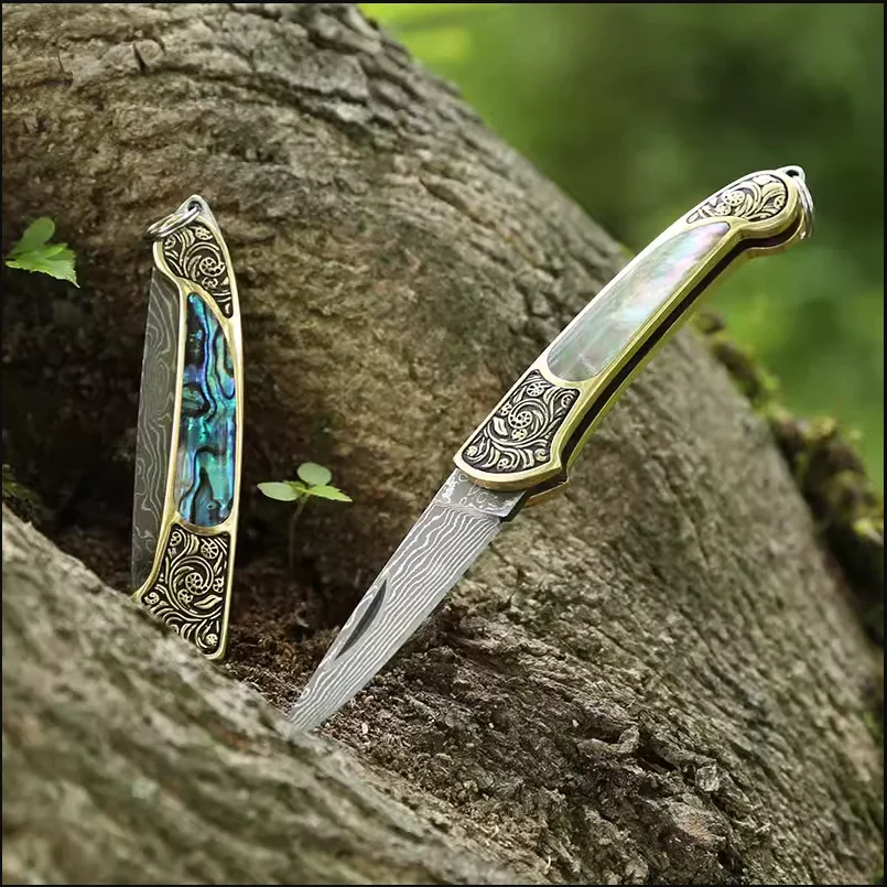 Folding Knife Handmade Damascus Stee Blade Yellow Brass+Seashell Handle Collectible Gifts Knives Camping Tools EDC Pocket Knife