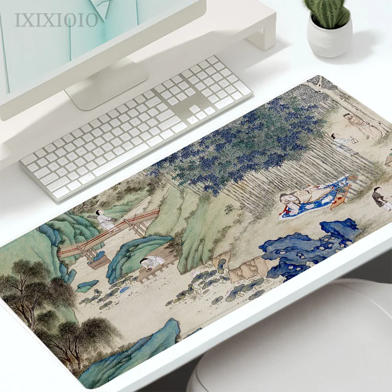 Chinese Stijl Bureaumat – 800 X 300 Mm, Inkt Schilderij Design, Met Gestikte Randen, Antislip Rubberen Basis, Geschikt Voor Laptop, Toetsenbord En Muis