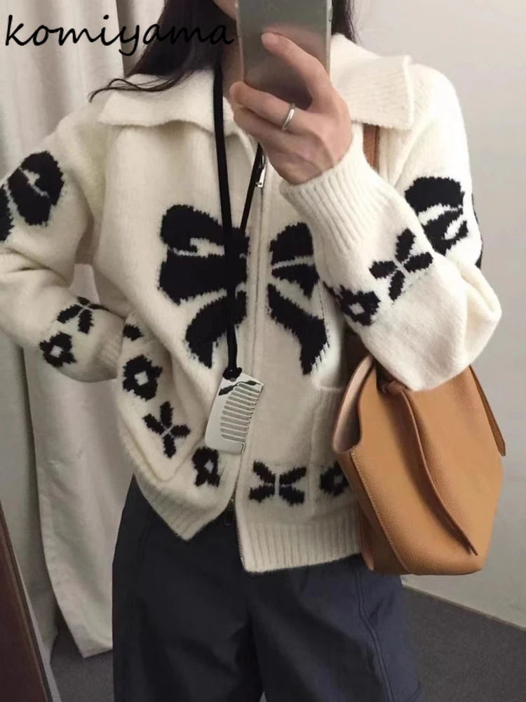 Bow Jacquard 2024 Woman Cardigan Laple Neck Outerwears Lazy Style Knitted Sweater Loose Cardigans Korean Zipper Ropa Mujer