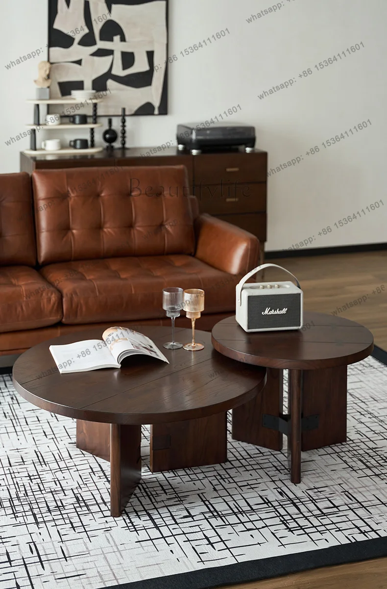 Log color elm round coffee table retro French style small apartment simple low table