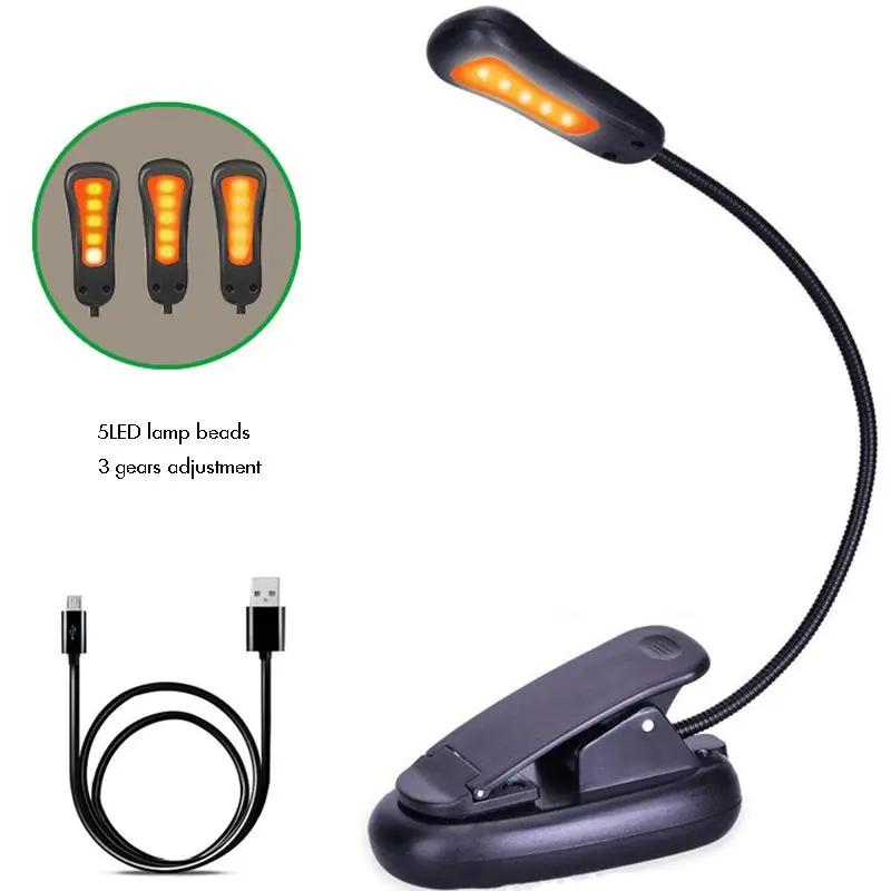 Rechargeable Amber 5 LED Book Light,Music Stand Light,Easy Clip-on Blue Light Blocking Reading Light,3 Brightness Levels 보면대 라이트