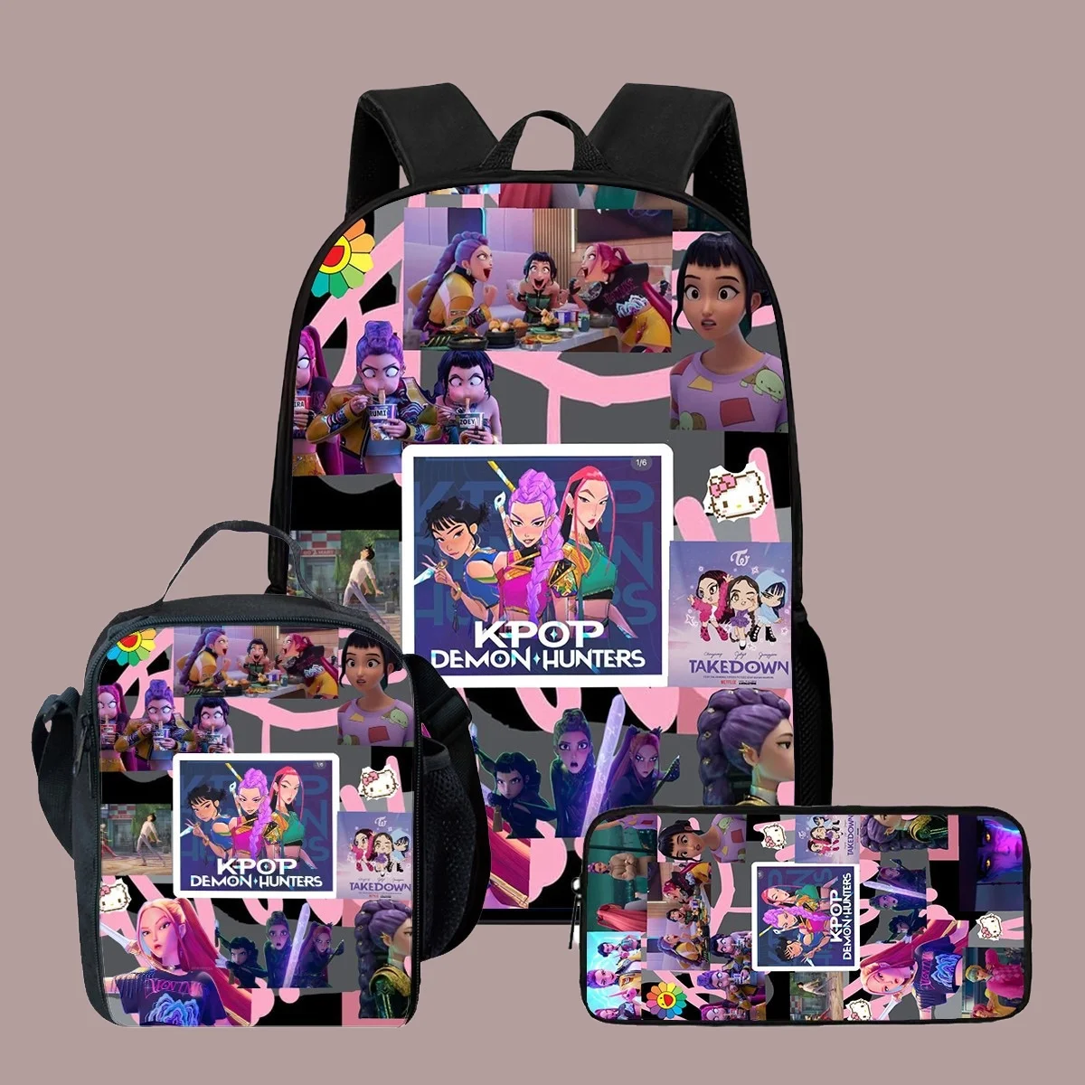 

3 шт. K-pop Demon Hunters, школьные сумки, набор Huntrix для девочек и мальчиков, пеналы, наборы рюкзаков с ланч-боксом для школьного рюкзака