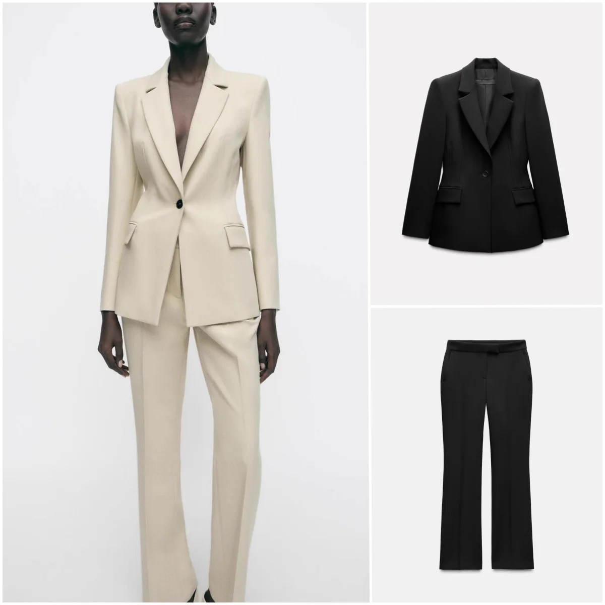 

Приталенный костюм-джат с подплечниками и расклешенными брюками. Длинный женский костюм из полиэфирного волокна све.