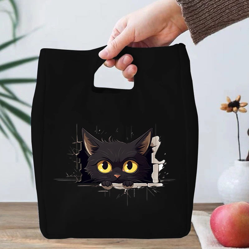 Portable Lunch Bag Cartoon Black Cat Pattern Food Thermal Box Canvas Handbags Women Kids Outdoor Insulated Food Bento Lunch Bags