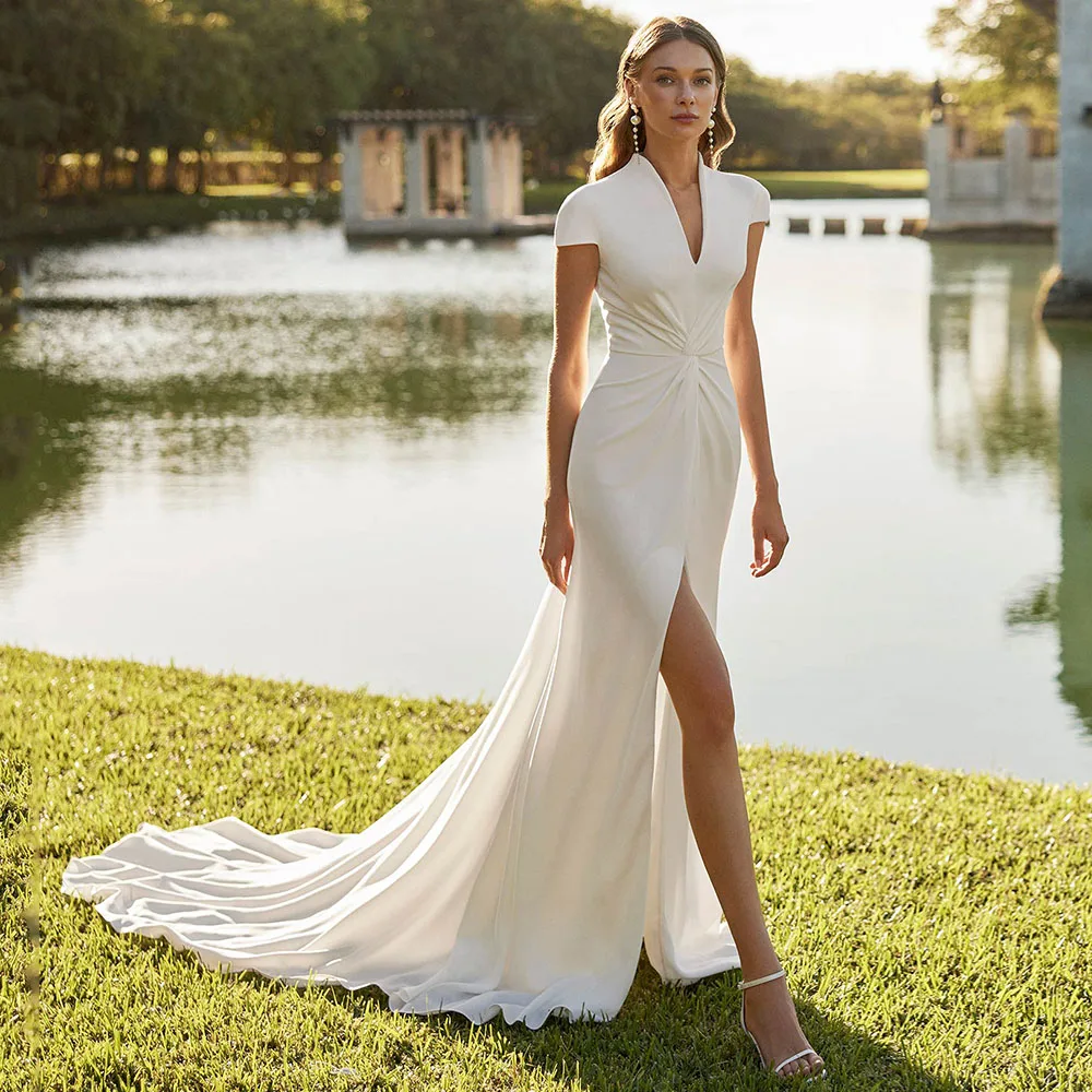 Elegant Bridal Dress Mermaid Cap Sleeves High V Neck Wedding Gowns For Women  Bride Slit  Wedding Dresses Long2025