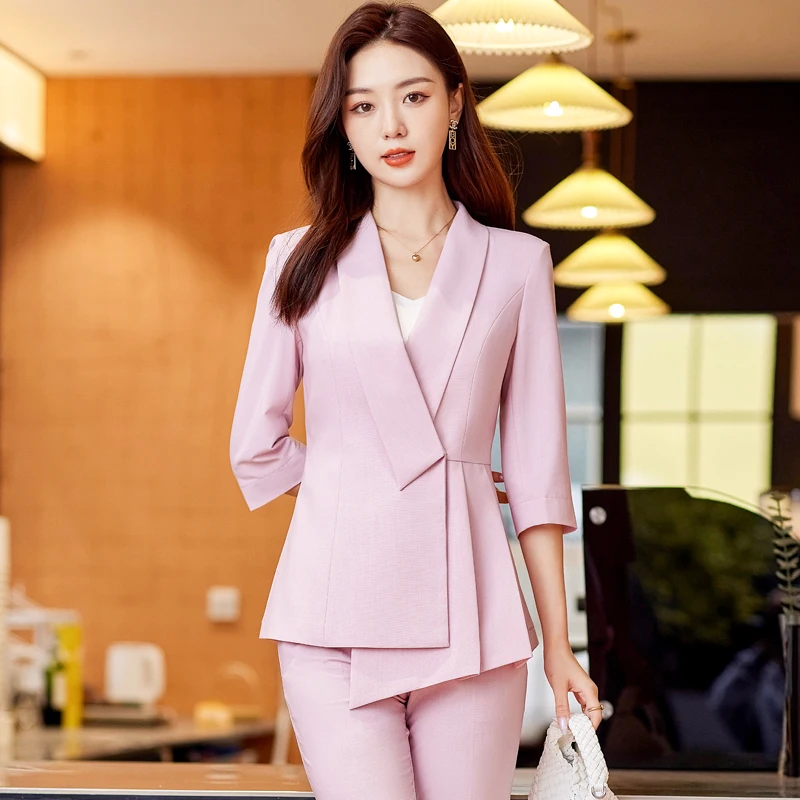 

Women's Retro Casual Irregular Pleated Blazer Legged Pants Set French Commuter Solid Color Waist Wrapped Suit Pant Two Piece Set