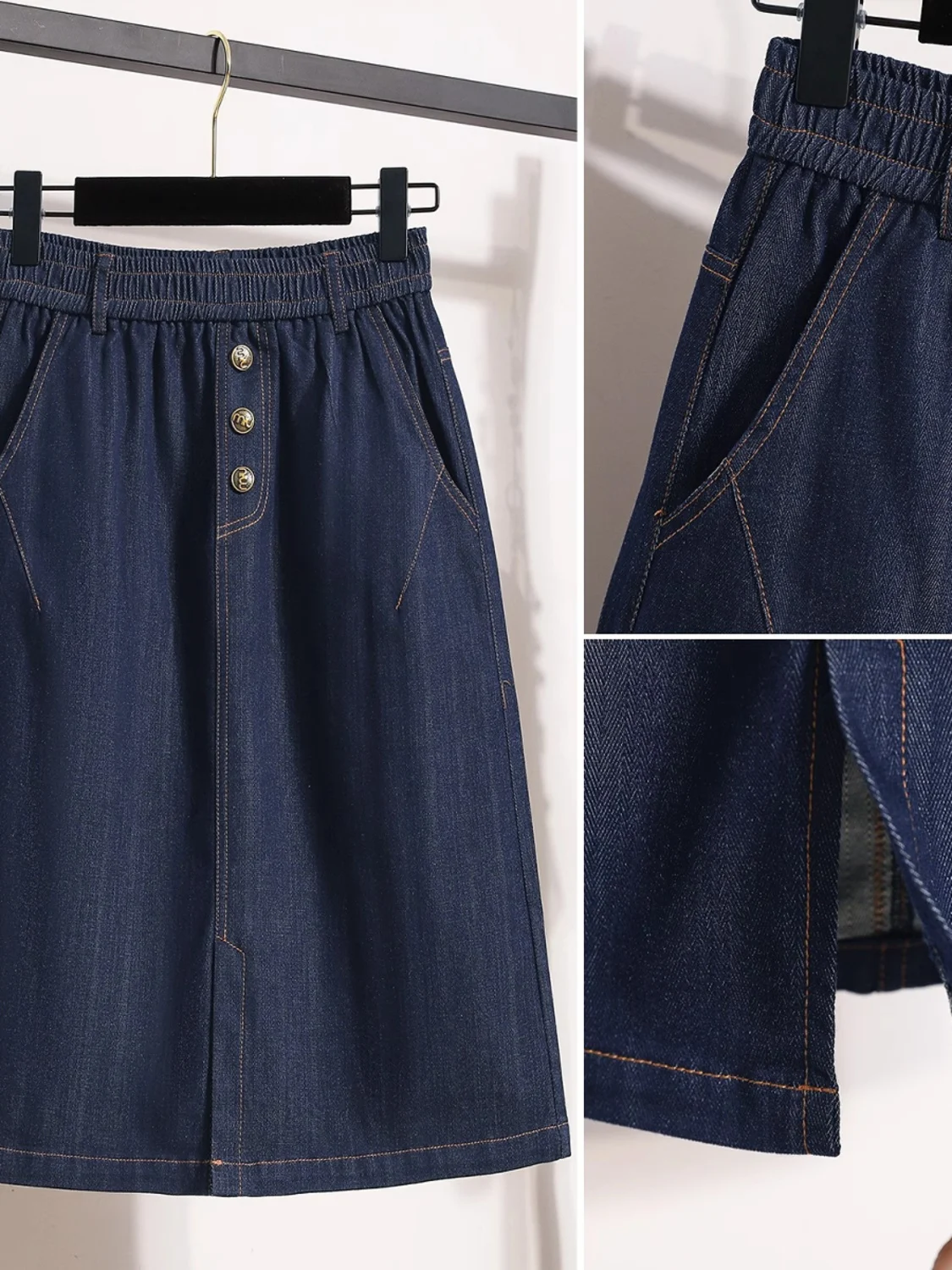 plus Size Summer Thin Lyocell Denim Five-Quarter Skirt Elastic Slimming A-Line Midi Skirt for Women High Waist  Color