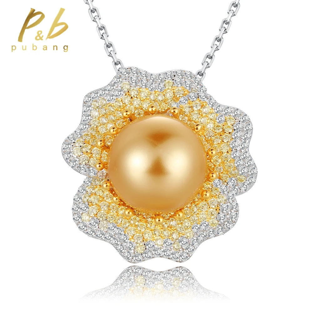 PuBang Luxury Jewelry 100% 925 Sterling Silver Top Golden Freshwater Pearl Diamond Pendant Necklace for Women Gift Free Shipping