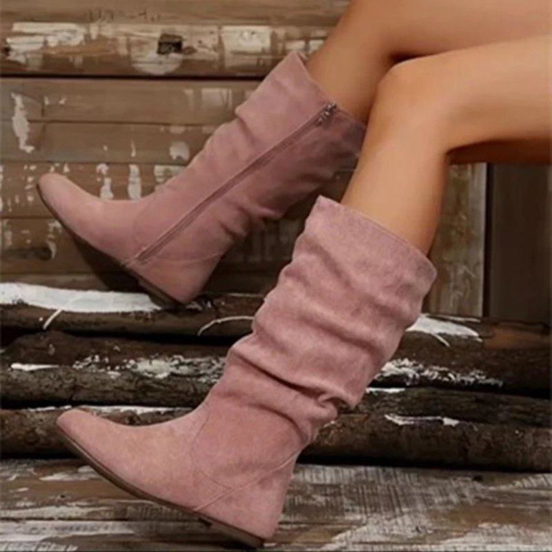 Women Knee High Boots Suede Flats Casual Chelsea Women Shoes Autumn Winter Designer Brand Large Size 36-43 2025 New Women Boots