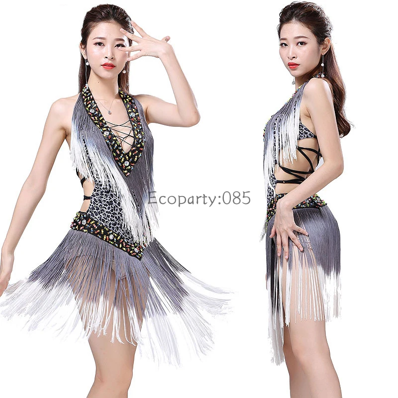 Sexy Latin Dress Gradient Tassel Professional Dress Sequin Tassel Dress Stage Performance Dress Latin Stage Performance Dresses