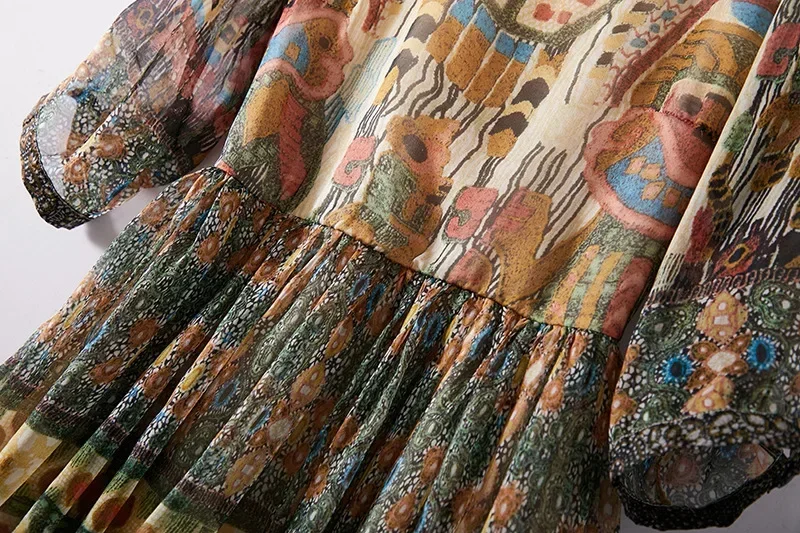 Vestido De Seda De Amoreira Para Mulheres, Vestido Boho, Impressão Abstracionismo, O Neck, Meia Manga, Cintura Elástica, Vestidos Midi, 28019