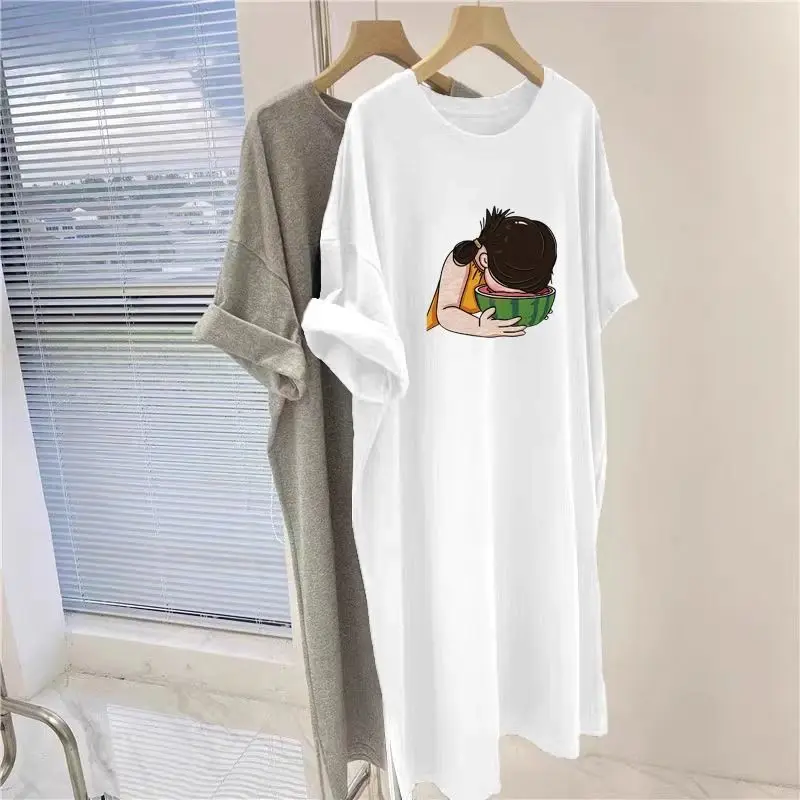 ผ้าฝ้ายแขนสั้น O-คอเสื้อยืดผู้หญิงฤดูร้อนหลวมแฟชั่นการ์ตูนพิมพ์ชุดเข่า