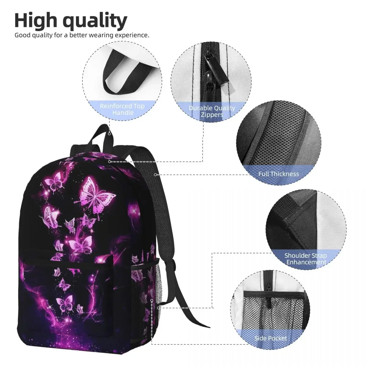 Purple Glowing Butterfly Pattern Backpack Daypack Large Capacity Kids BookBag School Bag Shoulder Bags for Men Women