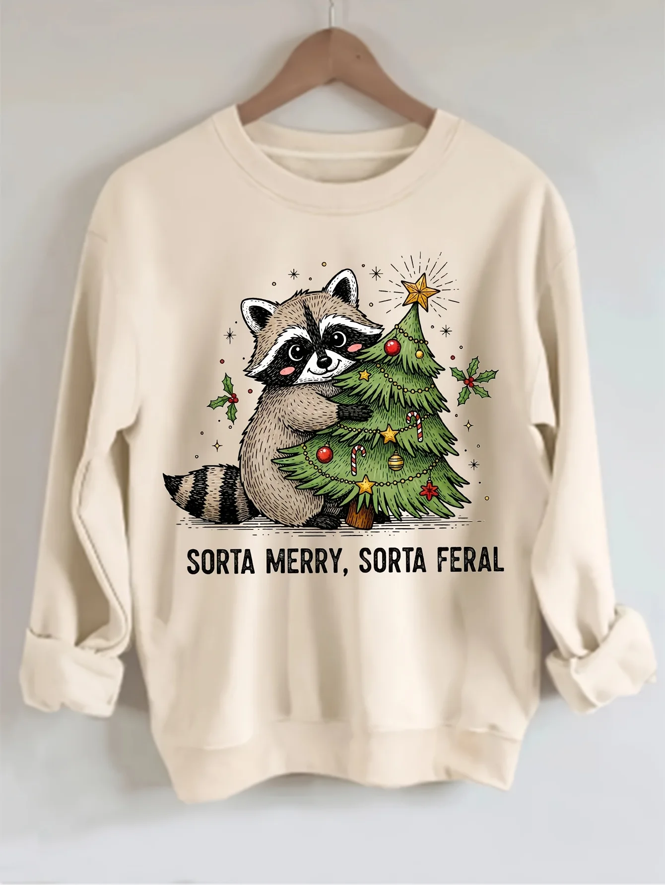 

Женский милый рождественский пуловер с рисунком енота и дерева, свитер свободного покроя для годовых вечеринок, повседневная семейная встреча