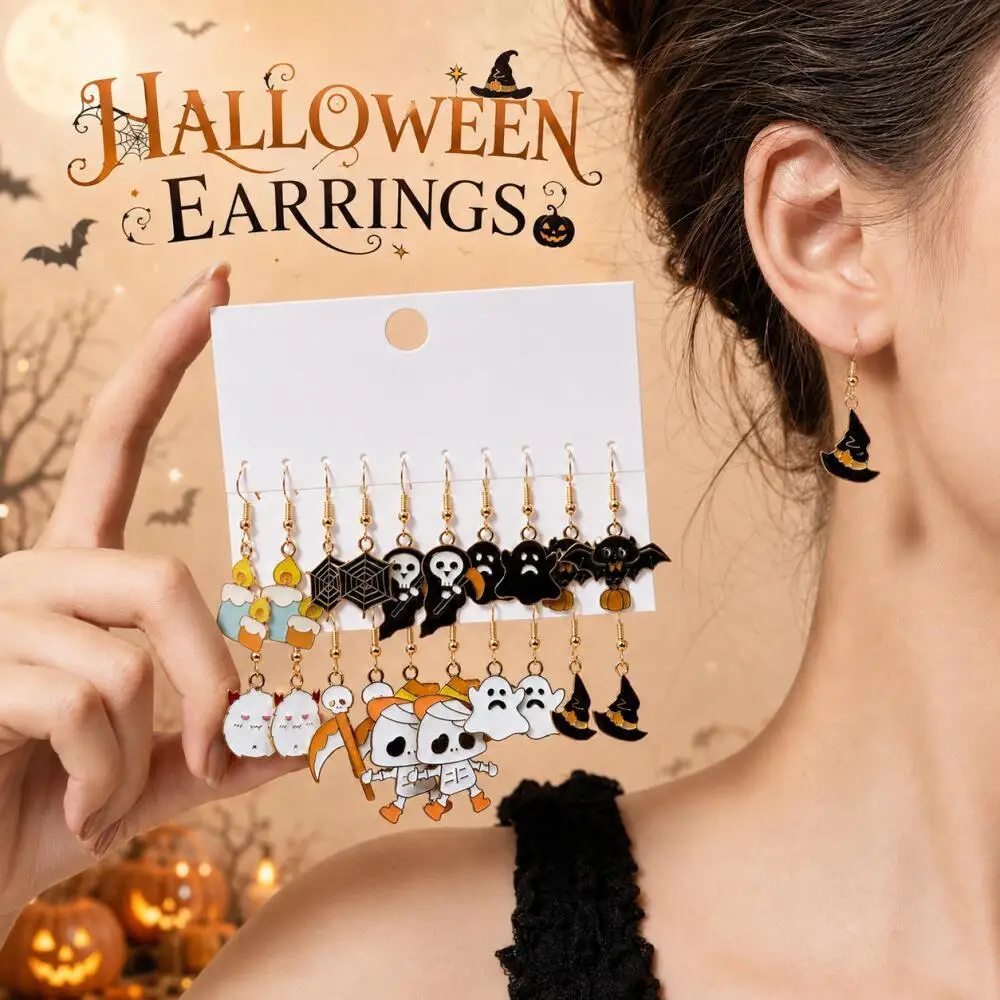 10Pairs Women Halloween Enamel Dangle Earrings Witch Hat Bat Ghost Skull Spider Web Candle Mummy Cosplay Party Jewelry Gift