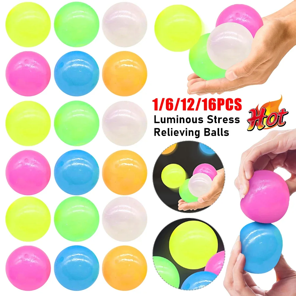 1-16PCS Luminous Stress Relieving Balls Decompression Toys Wall Target Sticky Ball Squeeze Ball  Kids Sensory Toys Party Decor