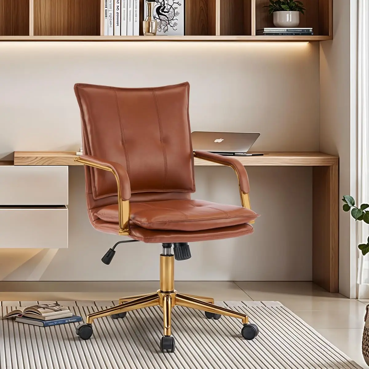 Mid-Back Ergonomic Leather Office Chair, Gold Frame Executive Task Chair (Caramel)