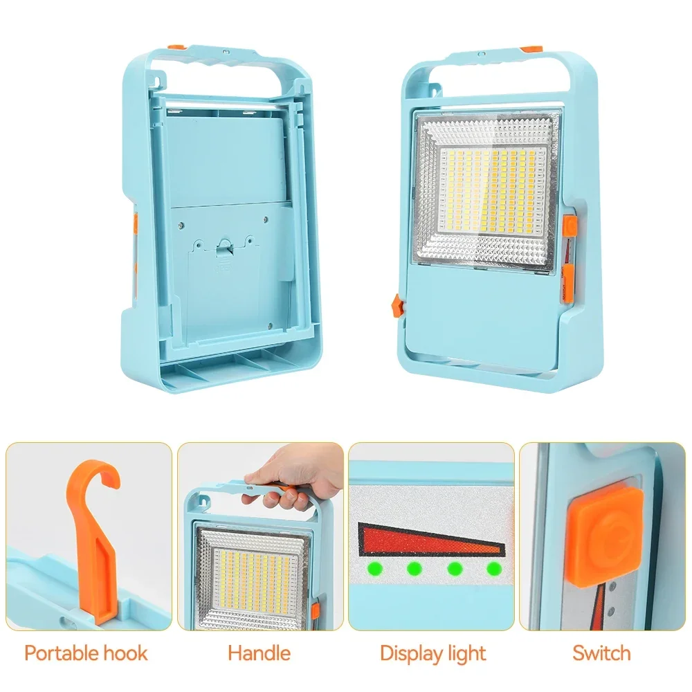 LED Solar Charging Floodlight 150W Portable Camping Handheld Light Outdoor Tent Hanging Hook Lamp Dimmable Outside Lighting Tool