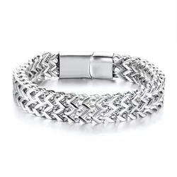 Fashionable Double Row Stainless Steel Chain Magnetic Clasp Bracelet for Men Motorcycle Riding Rock Party Jewelry Gift