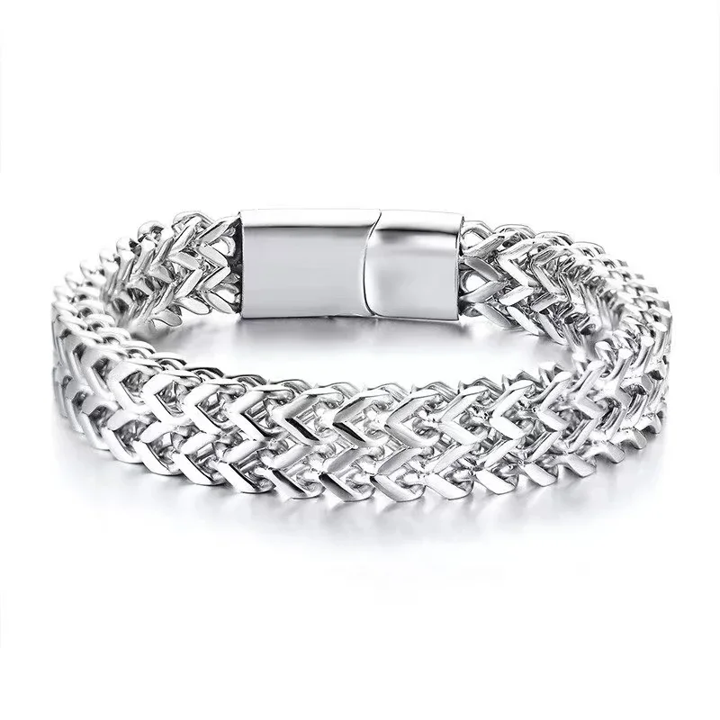 Fashionable Double Row Stainless Steel Chain Magnetic Clasp Bracelet for Men Motorcycle Riding Rock Party Jewelry Gift