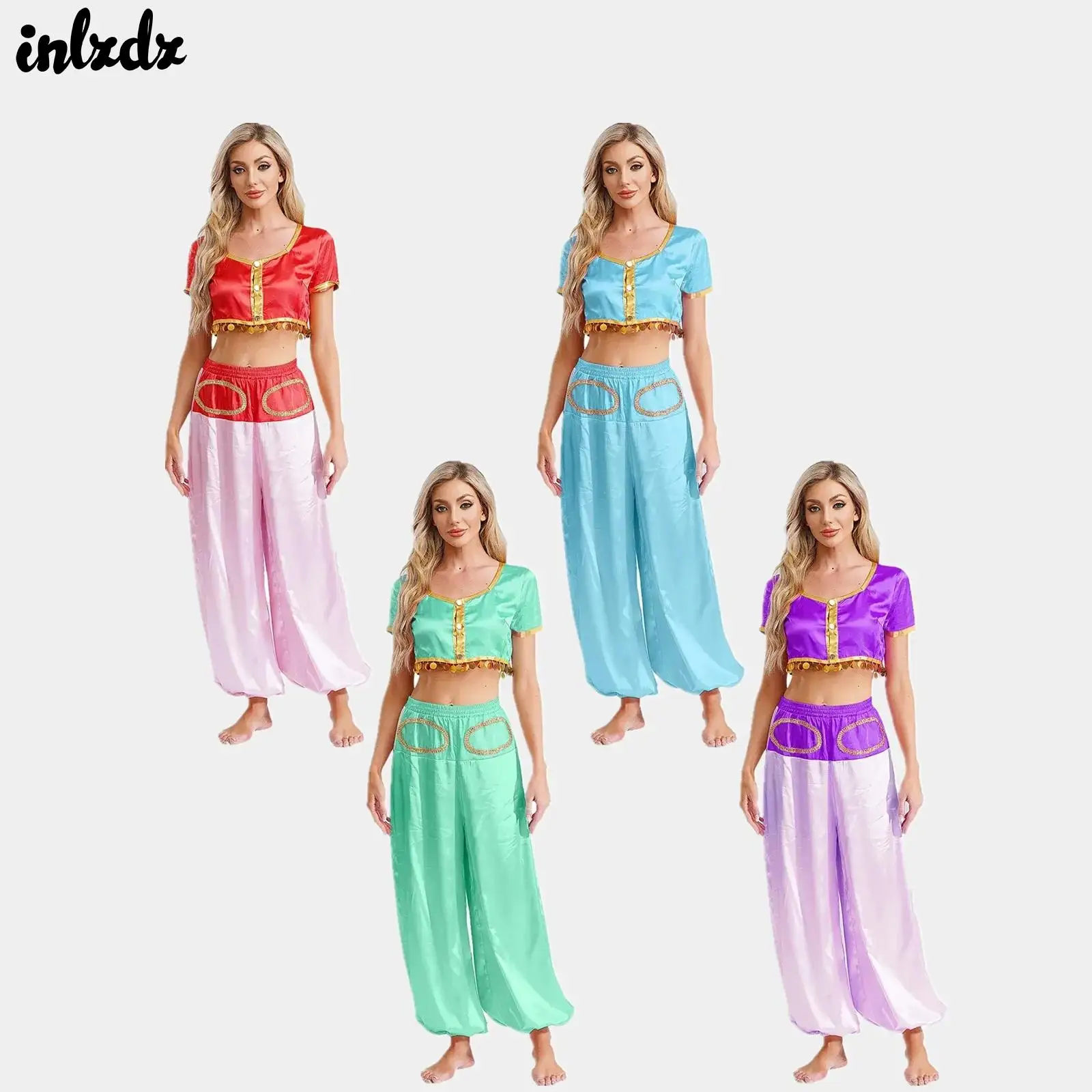 

Womens Arabian Elf Princess Carnival Dress Up Outfits Cosplay Performance Costume Crop Top with Braided Trimming Bloomers Pants