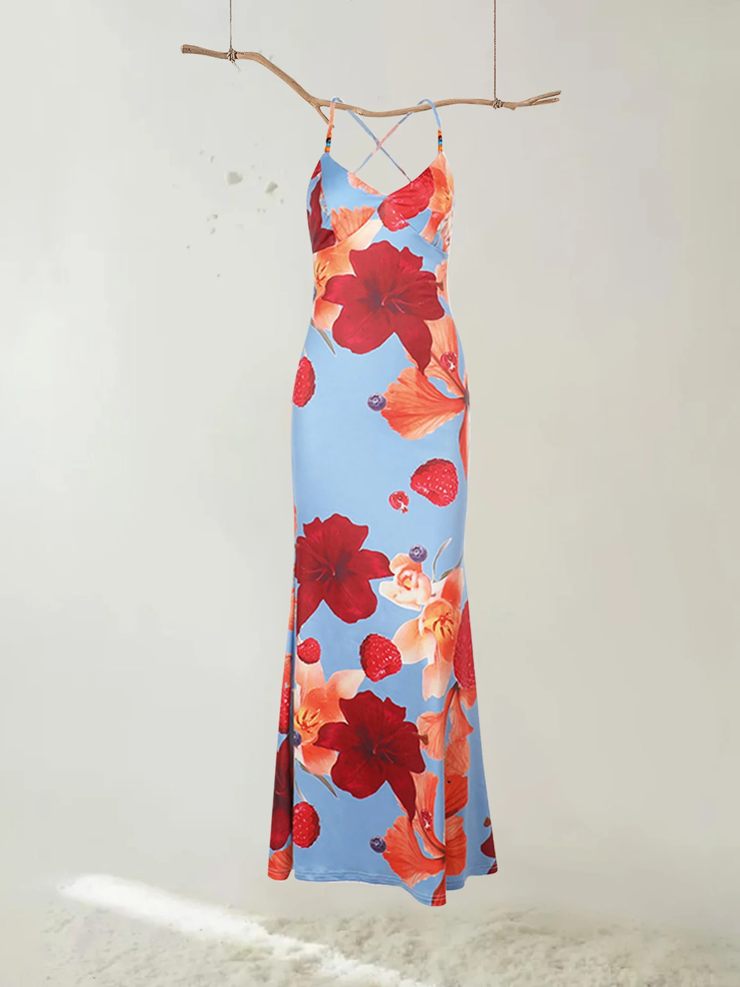 Abito da donna elegante senza maniche con stampa floreale con scollo a V e spalline sottili e dettagli incrociati sul retro per una vestibilità