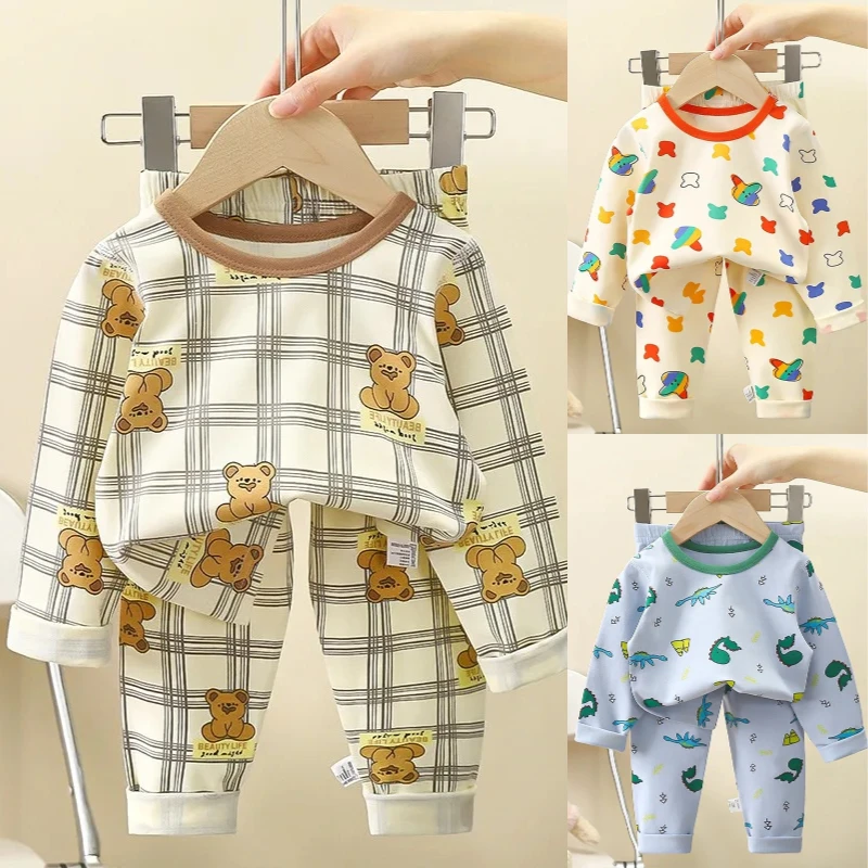 2PCS/Set Children\'s Spring and Fall Cotton Pajamas Cute Kids Long-Sleeved O-Neck Cartoon Bear Rabbits Dinosaurs Baby Homewear